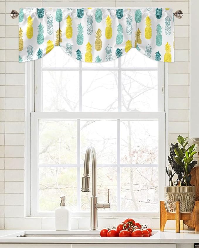 Tie Up Valance for Kitchen Living Room Farmhouse - Yellow Teal White and Blue Pineapple Rod Pocket Adjustable Tie-up Shade Valance for Small Window, Balloon Drape Valance 60x18 inches