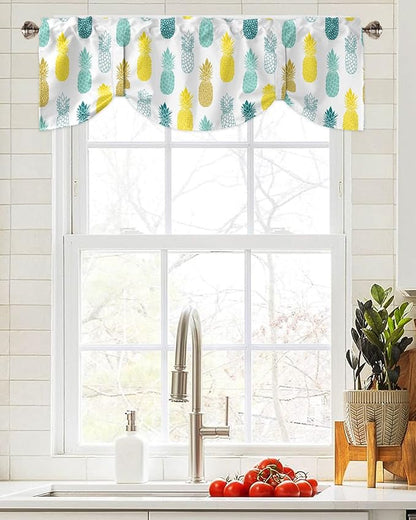 Tie Up Valance for Kitchen Living Room Farmhouse - Yellow Teal White and Blue Pineapple Rod Pocket Adjustable Tie-up Shade Valance for Small Window, Balloon Drape Valance 42x12 inches