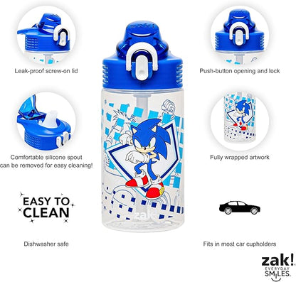 Zak Designs Sage Sonic the Hedgehog Water Bottle For School or Travel, 16oz Durable Plastic Water Bottle With Straw, Handle, and Leak-Proof, Pop-Up Spout Cover (Sonic, Eggman)