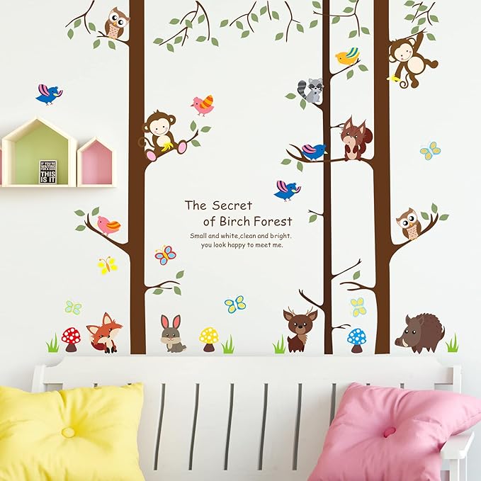 Cartoon Birch Trunks and Animals Wall Decals Forest Tree Wall Sticker DIY Peel and Stick Owls Monkey Birds Decal for Living Room Kitchen Playroom Nursery Kids Bedroom Classroom Home Decoration (C)