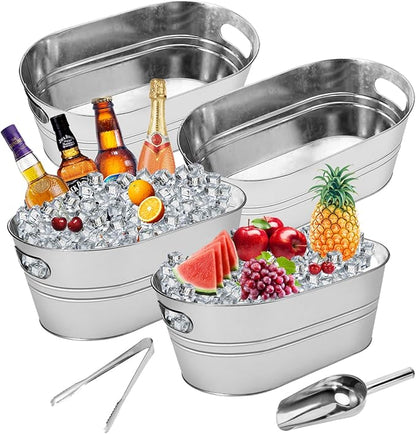 4PCS Drink Buckets for Parties, 4 Gallon Galvanized Ice Buckets, Large Ice Buckets for Parties, Equipped with Handles, a Spoon, and Ice Tongs for Home/Bar Beer, Champagne, Cocktails, and Wine Chiller