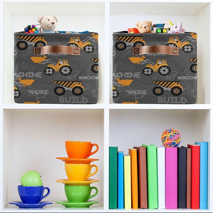 Construction Truck Excavator Storage Basket Fabric Toys Baskets Build Work Machine Boys Open Home Storage Bins Boxes Foldable Organizer Bag for Baby Cloth Toy Book Shelf Closet Baskets 16×12×8 Inches