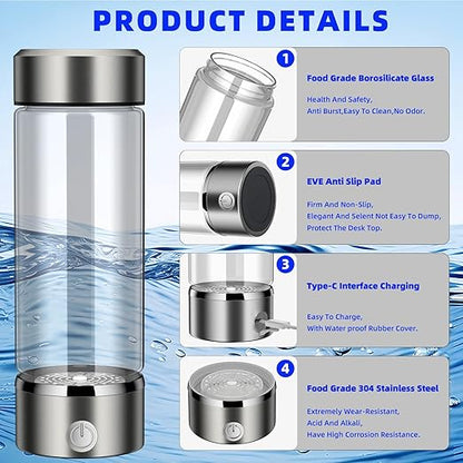 Purify Hydrogen Water Bottle Generator,Portable Hydrogen Water Lonizer Machine,Rechargeable Hydrogen Water Bottle with SPE/PEM Technology,for Home Office Travel