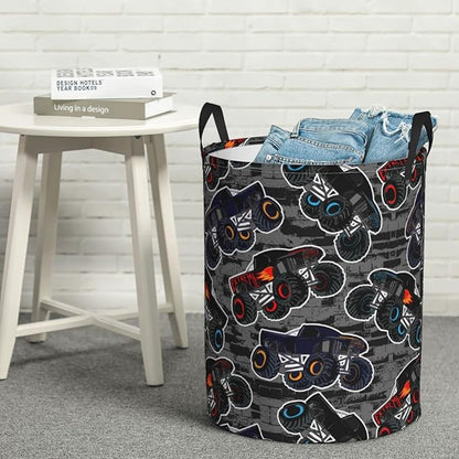 Monster Truck Boys Style Round Laundry Hamper Storage Basket Toys Clothes Organizer Bin For Home Bathroom Bedroom Dorm Nursery, 62l