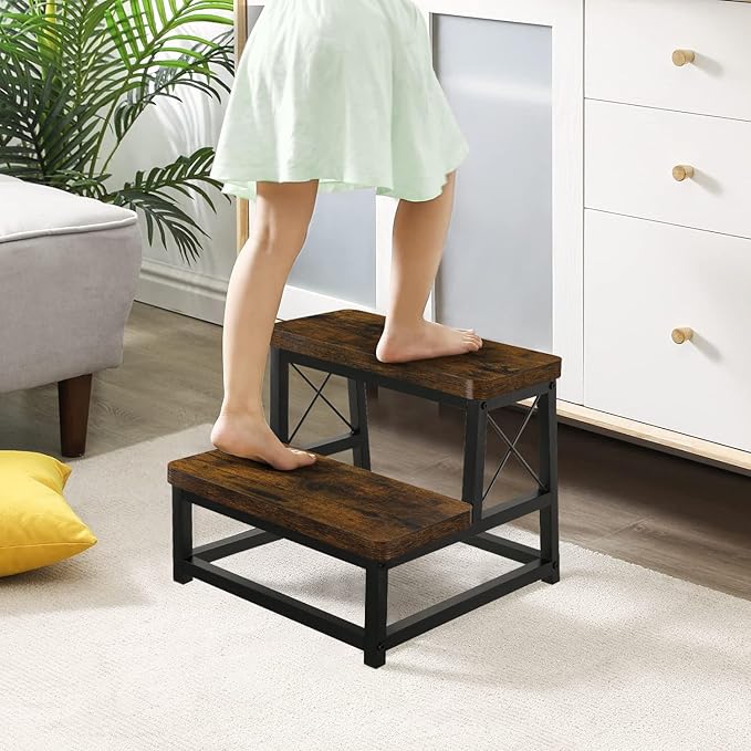 Wooden Step Stool for Adults, 2 Tier Heavy Duty Step Stool for High Bed with Non-Slip Feet, Using for Bedroom, Living Room, Bathroom and Kitchen, Hold Up to 500 LBS