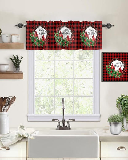 Vandarllin Merry Christmas Kitchen Curtains Valances for Windows Winter Cardinal Holly Berries Rod Pocket Window Treatment for Kitchen/Living Room/Bedroom/Bathroom,60" X 18" -1 Panel, Red Black Plaid