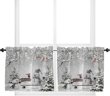 Winter Christmas Kitchen Curtains and Valances Set, Cute Snowman Cardinals Windows Treatments Tiers Half/Short Curtains for Small Windows Cafe /Living Room/ Bedroom 54x24 in GreySnowy Pine Forest