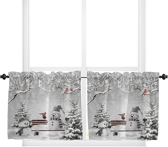 Winter Christmas Kitchen Curtains and Valances Set, Cute Snowman Cardinals Windows Treatments Tiers Half/Short Curtains for Small Windows Cafe /Living Room/ Bedroom 54x36 in GreySnowy Pine Forest