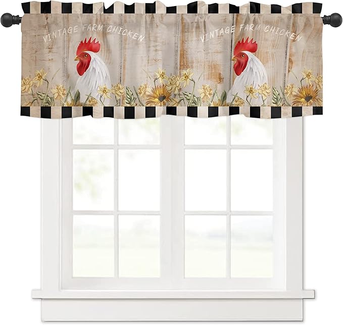 Valance Curtains for Kitchen Window, Sunflower Vintage Farm Chicken Rod Pocket Valances Window Treatments Black White Plaid Short Curtains for Bedroom/Living Room,54" X 18" -1 Panel,