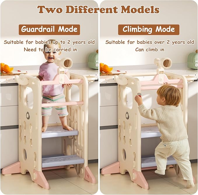 7 in 1 Kitchen Toddler Step Stool, Multifunctional Toddler Learning Tower with Double Safety Rails, 3 Adjustable Heights Anti-Slip Protection Toddler Step Stool for Bathroom Sink