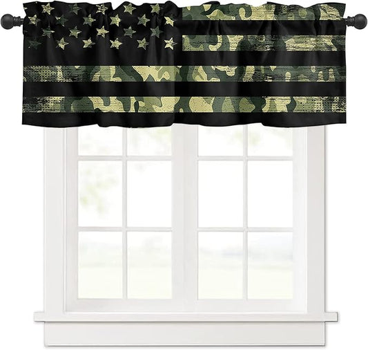 Valance Curtains for Kitchen Window, Rustic Green Camo Military Pattern American Flag Rod Pocket Valances Window Treatments Short Curtains for Bedroom/Living Room,54" X 18" -1 Panel,