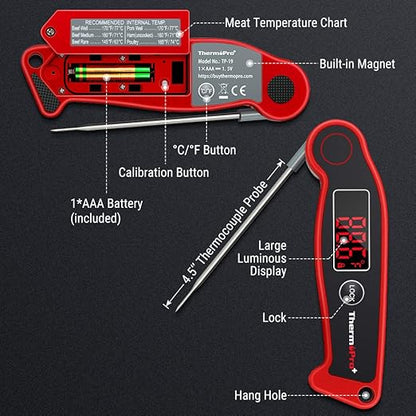 ThermoPro TP19 Waterproof Digital Meat Thermometer for Grilling with Ambidextrous Backlit & Thermocouple Instant Read Kitchen Cooking Food Thermometer for Candy Water Oil BBQ Grill Smoker