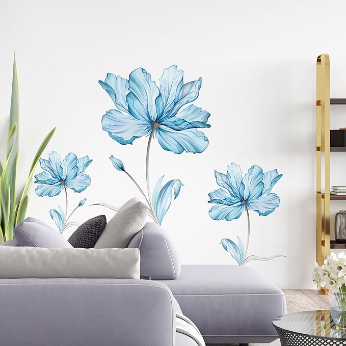 Zonon Flowers Wall Decals Vinyl Dragonflies Flowers Wall Stickers Removable Floral Wall Murals Peel and Stick Colorful Flower Wall Decor for Bedroom Living Room Nursery(Blue Flower)