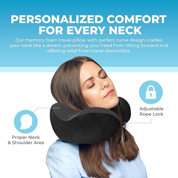 Lux & Sky Cooling Memory Foam Travel Neck Pillow Set for Airplane Car, Home, Office | Travel Essential Neck Pillow with Sleeping Mask & Earplugs | 3 in 1 U Shape Memory Foam Travel Pillow (Black)