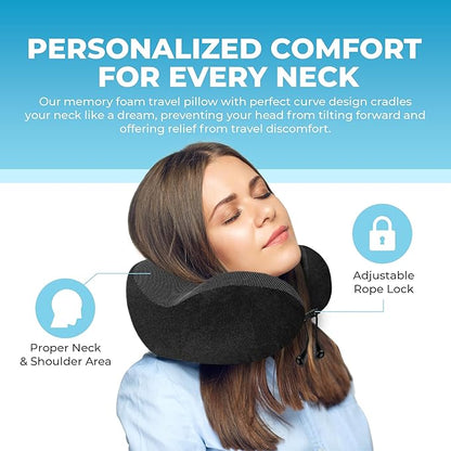 Lux & Sky Cooling Memory Foam Travel Neck Pillow Set for Airplane Car, Home, Office | Travel Essential Neck Pillow with Sleeping Mask & Earplugs | 3 in 1 U Shape Memory Foam Travel Pillow (Black)