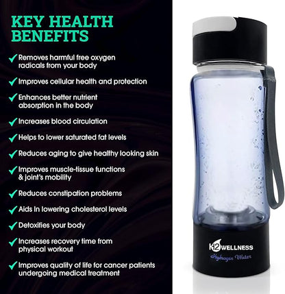 ® - Molecular Hydrogen Water Bottle, 400ml Portable Hydrogen Water Maker, Hydrogen Water Generator with Portable Inhaler Adapter and Self-Cleaning Mode, Black Tritan