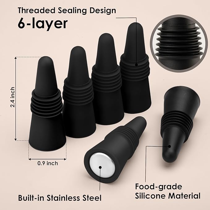 12 PCS Black Silicone Wine Stoppers with Threaded Seal Ring and Stainless Top - Suitable for Wine and Beverage Bottles - Keeping Wine or Beverage Fresh…