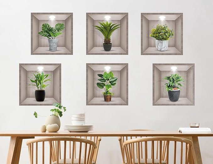 6PCS Creative 3D Green Plants Wall Decals Tropical Plant Potted Wall Sticker Nature Vinyl DIY Removable Peel and Stick Wallpaper for Womens Kids Bedroom Kitchen Background Nursery Office Decor 39091AB