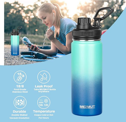 18oz Insulated Water Bottle with Straw&3 Lids Stainless Steel Water Bottles Kids Metal Thermos Water Bottle Cup for School Vacuum Insulated Bottles Leak-Proof Travel Thermal (Gradient Blue)