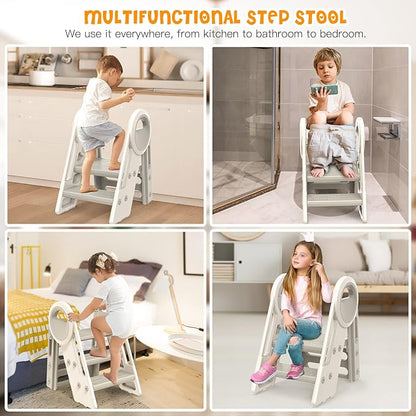 3 Step stools for Kids, Toddler Tower, Toddler Step Stool for Bathroom Sink, Kitchen Counter Helper, Toilet Potty Training, with Safety Handles and Non-Slip Desgin (Grey-White)