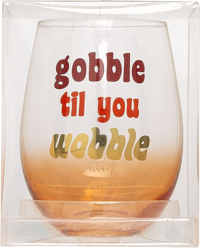 Pearhead Gobble Til You Wobble, Gradient Orange Thanksgiving, Seasonal Fall Home Dećor Accessory, Holiday Stemless Wine Glass, 15oz