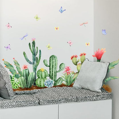 Vibrant Cactus & Butterfly Wall Stickers - 30x90cm Vinyl Decor for Home, Office, Nursery