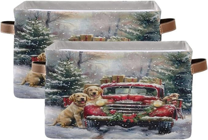 Christmas Truck Golden Retriever Storage Basket Fabric Kitchen Baskets Winter Car Dogs Xmas Tree Open Home Storage Bins Boxes Foldable Organizer Bag for Book Shelf Closet Baskets 16×12×8 Inches