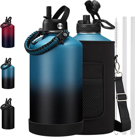 128 oz Insulated Water Bottle with Carrier Bag, 1 Gallon Metal Water Jug Keep Cold-48H Hot-24H, Giant Water Jug with Straw Lid & Spout Lid, Paracord Handle, Gallon Water Canteen for Work