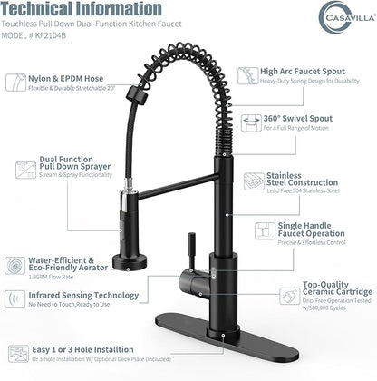 Touchless Kitchen Faucet, Black, with Soap Dispenser and Deck Plate, Motion Sensor Smart Activated Single Handle Stainless Steel Sink Faucets, 18IN/48CM Tall