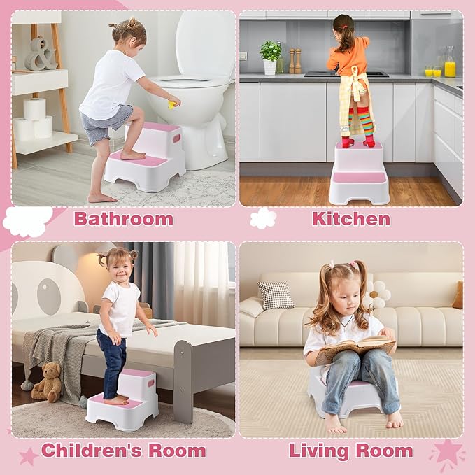 Toddler Step Stool for Bathroom Sink - 2 Step Stools for Kids, Non-Slip Double up Baby Child Toddler Stepping Stool for Potty Training, Kitchen, Bedroom, Toilet Step Stool for Kids (2 Pack, Pink)