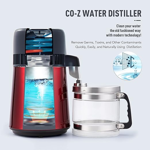 CO-Z Water Distiller, Red Stainless Steel Distilling Pure Water Machine for Home Countertop Table Desktop, 4L Distilled Water Making Machine, 4 Liter Water Purifier to Make Clean Water for Home