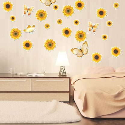 Sunflower Wall Decals, Butterfly Wall Stickers Sunflower Peel and Stick Decor for Bedroom Kitchen Living Room Home Decor