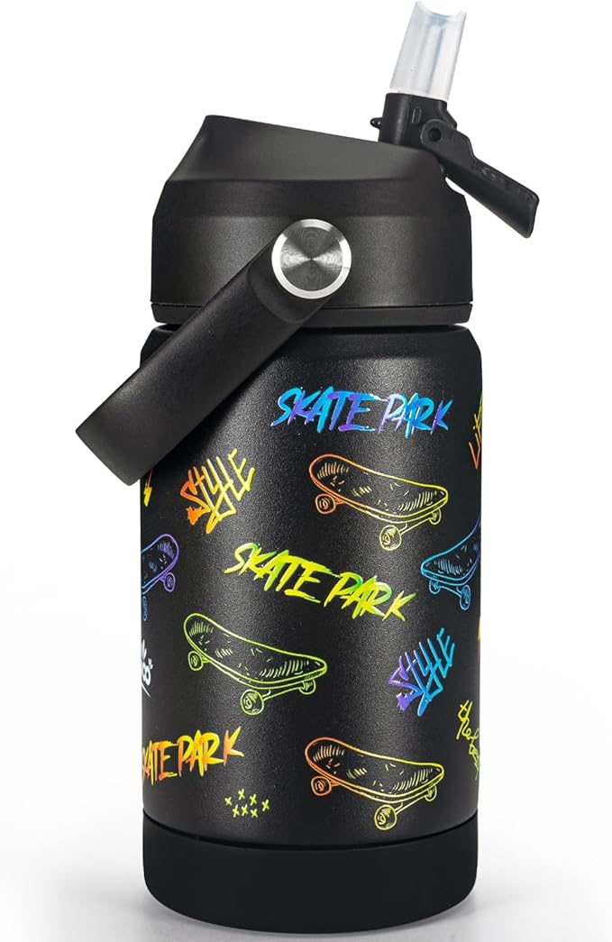 12 oz Insulated Water Bottle With Straw, Sports Water Cup Flask with Wide Mouth, Leak Proof Travel Thermo Mug - Black Skateboard