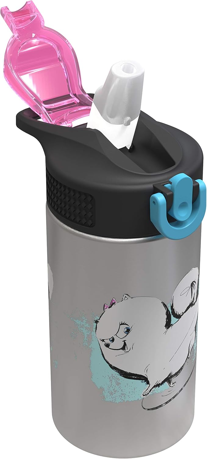 Zak Designs The Secret Life of Pets 2 - Stainless Steel Water Bottle with One Hand Operation Action Lid and Built-in Carrying Loop, Water Bottle with Straw is Perfect for Kids(15.5 oz, 18/8,BPA-Free)