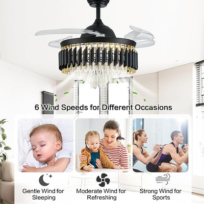 42" Black Chandelier Ceiling Fans with Lights Crystal Ceiling Fan Chandelier Ceiling Fan with Lights Retractable Blade Fandelier Bladeless Ceiling Fans for Dinning Room Living Room Kitchen Foyer