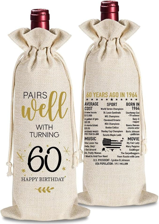 yaanunulu 60th Birthday Gifts for Women Men, 60 Years Old Birthday Wine Bag Gifts, 60th Birthday Decorations, 1964 Birthday Gift, Happy 60th Birthday Party Wine Bag Gifts, Pairs Well With Turning 60