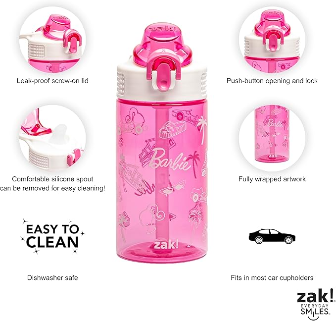 Zak Designs Sage Barbie Water Bottle For School or Travel, 16oz Durable Plastic Water Bottle With Straw, Handle, and Leak-Proof, Pop-Up Spout Cover (Barbie)