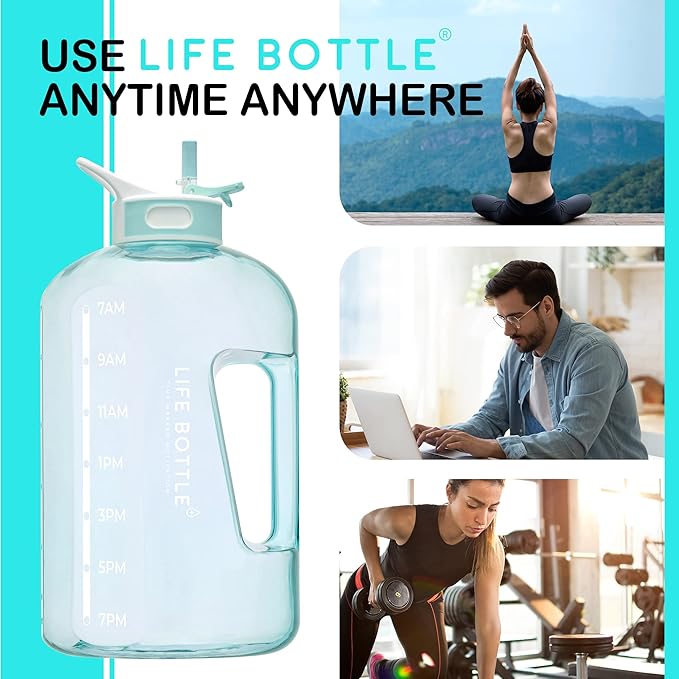 1 Gallon Water Bottle with Straw Lid and Chug Lid, Big Leakproof Water Jug with Time Marker, No Quotes. 128 oz Water Bottle with Handle and Straw, BPA Free