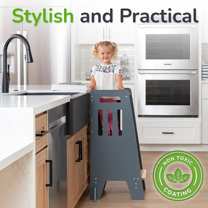 Toddler Tower with a Sliding Door and 3 Adjustable Heights - Complete Toddler Kitchen Stool Helper with Support Feet - Safe Design for 18+ Months to 6-Year-Old Kids - Gray