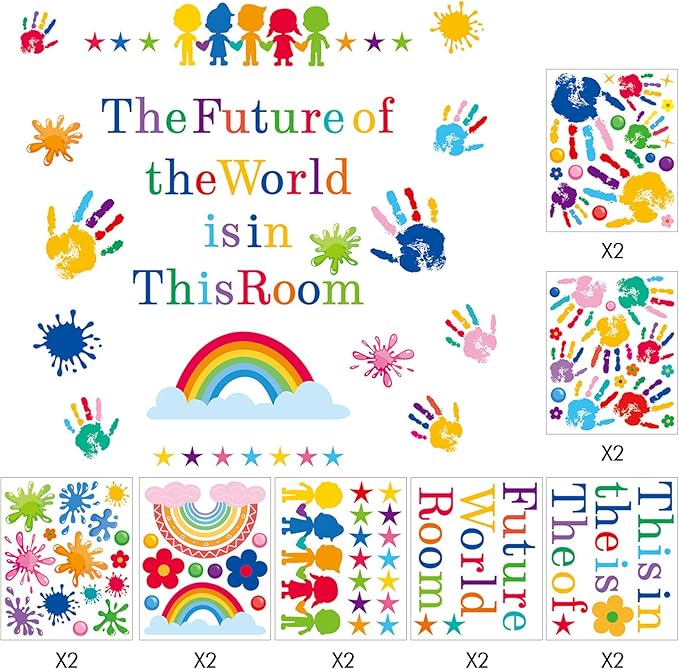 172pcs Colorful Inspirational Wall Decals, Handprint Wall Stickers, Removable Motivational Sticker for Kid Bedroom, Classroom, Kindergarten, School, Playroom