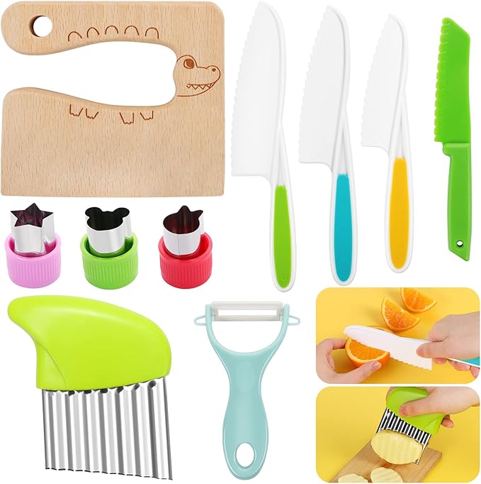 10PCS Kids Knife Set , Toddler Knife Set Kids Safe Knives for Real Cooking Serrated Edges Kids Cooking Utensils Kitchen Tools for Toddlers , Potato Slicers Cooking Knives Cake Scraper