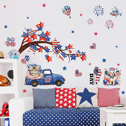 America Independence Day Wall Stickers for Wall Decor 2 Large Sheets 4th of July Wall Decals Removable Fireworks Animal Flag Star Window Decals Patriotic Memorial Day Stickers for Kitchen Home Decor