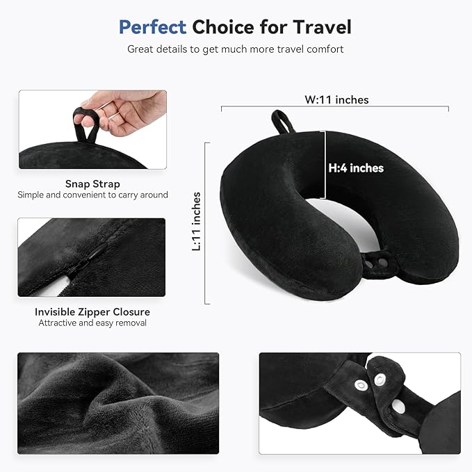 Neck Pillow Airplane, Kids Travel Pillow Memory Foam, Soft & Support Travel Neck Pillow for Travelling Sleeping Plane Car Train and Home Use, Black