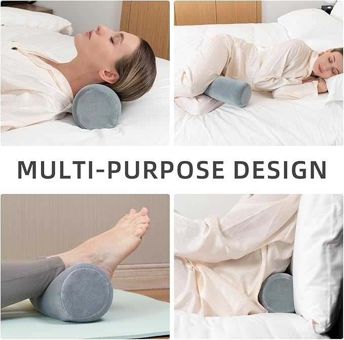 2 Pack Cervical Neck Pillow Roll Memory Foam Support Round Pillows for Pain Relief Sleeping, Bed, Legs, Back and Yoga Grey 17 x 4.5 Inches