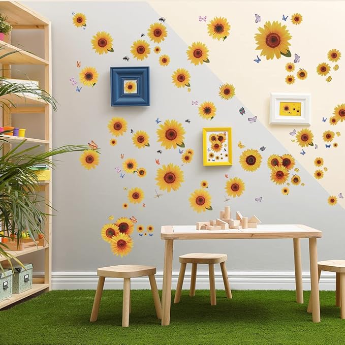 135 Pcs Sunflower Wall Sticker, Removable Sunflower Stickers Waterproof 3D Sunflower Wall Decor Stickers for Kids Mothers Day Decorations Bathroom Kitchen Decor Decals