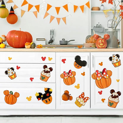 Mfault Fall Cartoon Mouse Wall Decals Stickers, Autumn Pumpkin Doughnut Cupcake Decorations Bedroom Art, Thanksgiving Acorn Maple Leaves Seasonal Home Kitchen Decor