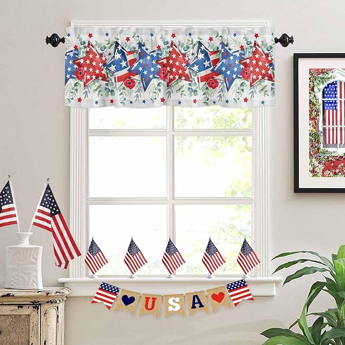 Vandarllin Eucalyptus 4th of July Kitchen Curtains Valances for Windows Patriotic American Flag Stars Rod Pocket Window Treatment for Kitchen/Living Room/Bedroom/Bathroom, 60" X 18", Grey Gingham