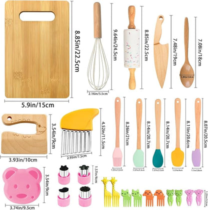 Wooden Kids Knife Set for Real Cooking,26PCS Kids Cooking Sets Real,Montessori Kitchen Tools and Toddler Knife Set,gift for children,Toddler Kitchen Tools for Real Cooking Experience