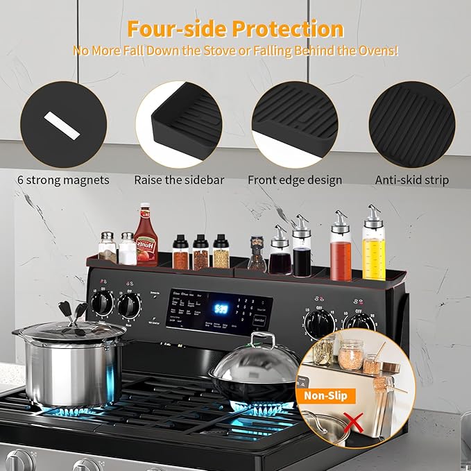 30″ Magnetic Silicone Stove Top Shelf for Back of Stove, Kitchen Spice Rack for Oven Shelf (Black)