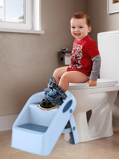 Toddler Kids Step Stool for Bathroom Sink Blue | Foldable 2 Step Stool for Kids 1-4 Years Old | Dual Height 15.5" Child Kitchen Helper with Handles - Easy to Move, Slip-Resistant